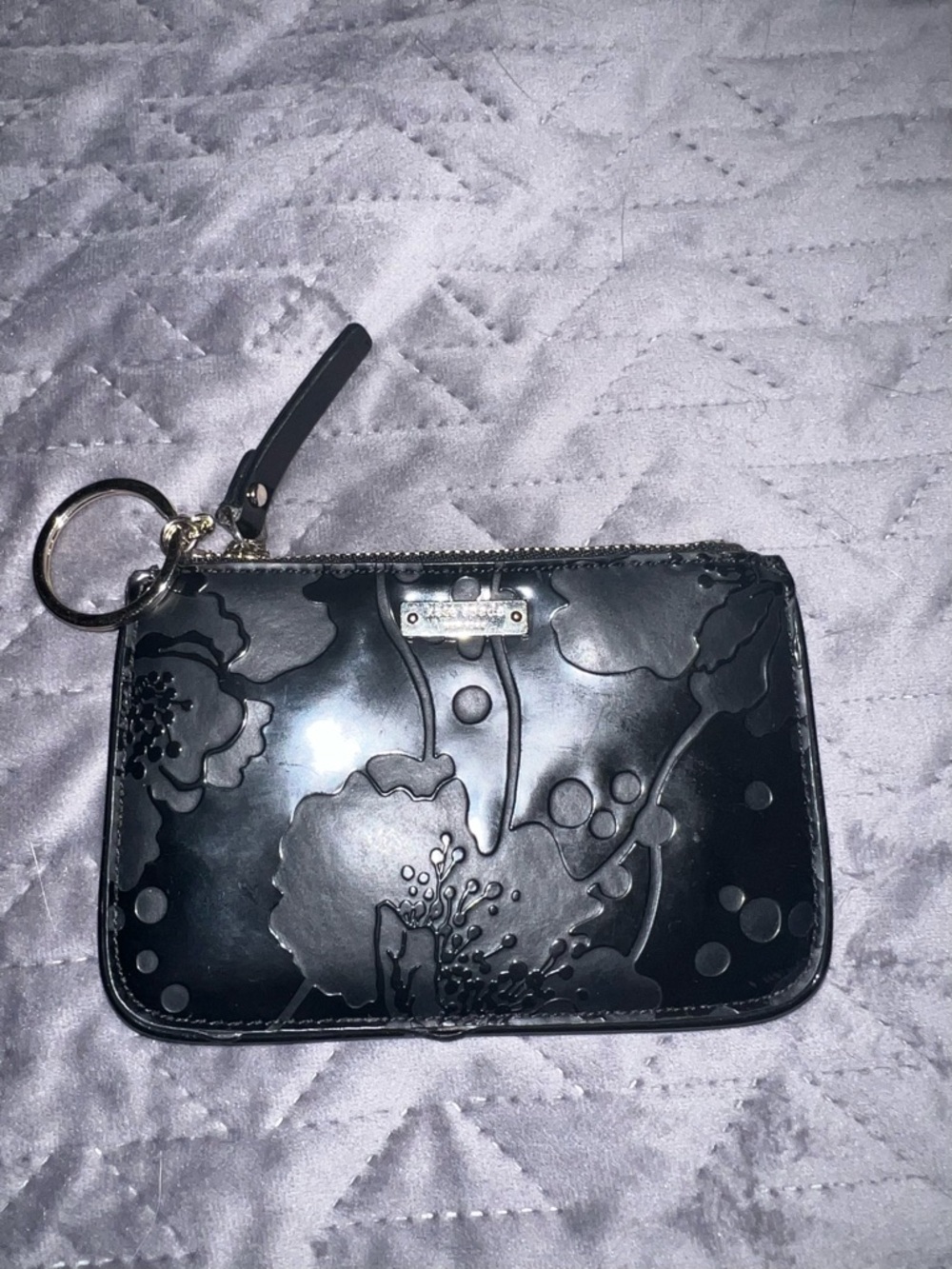 ♠️ Kate Spade Black Patent Floral Wristlet Key Pouch Zipper Coin Purse Keychain